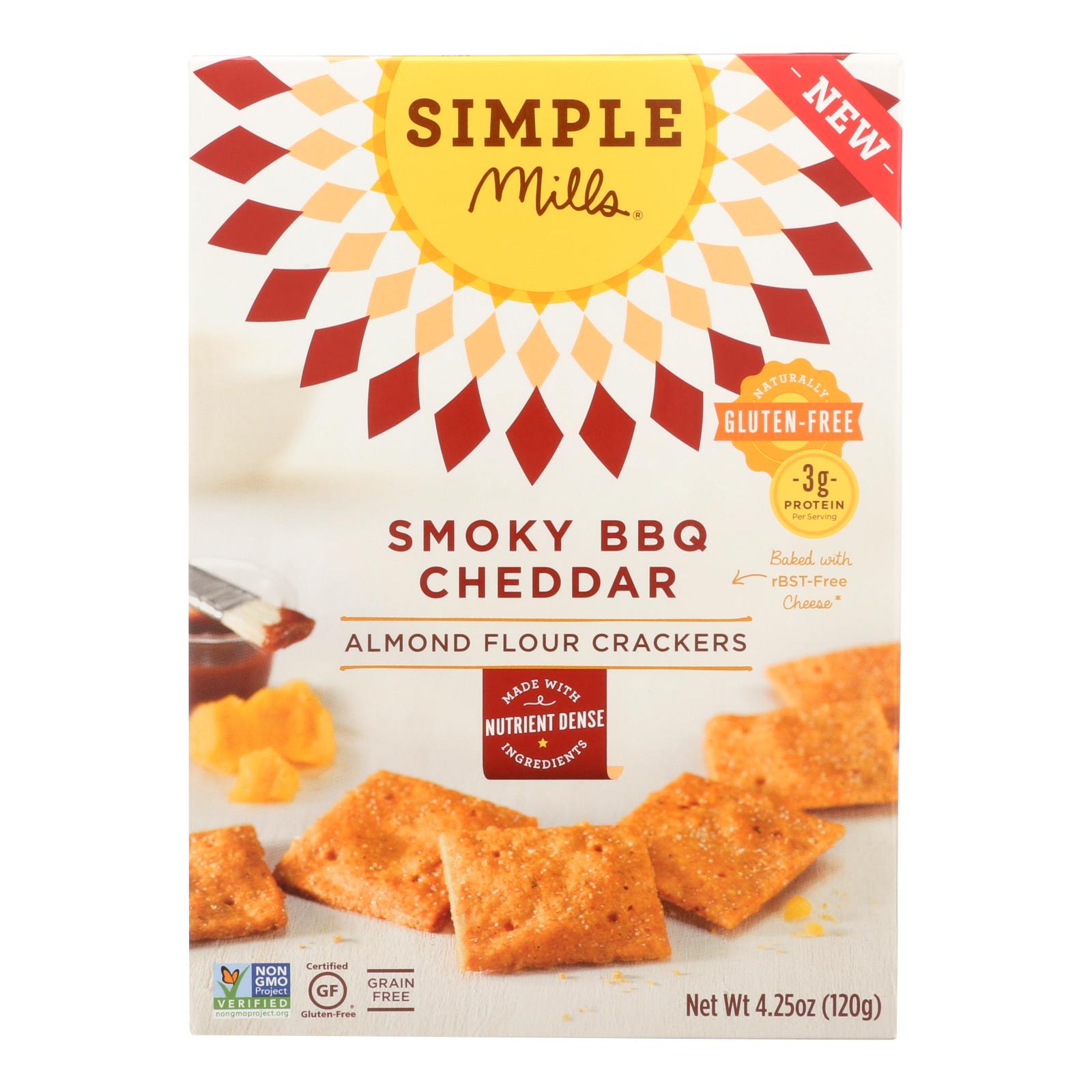 Simple Mills Smoky BBQ Cheddar Almond Flour Crackers - Case of 6 - 4.25 OZ