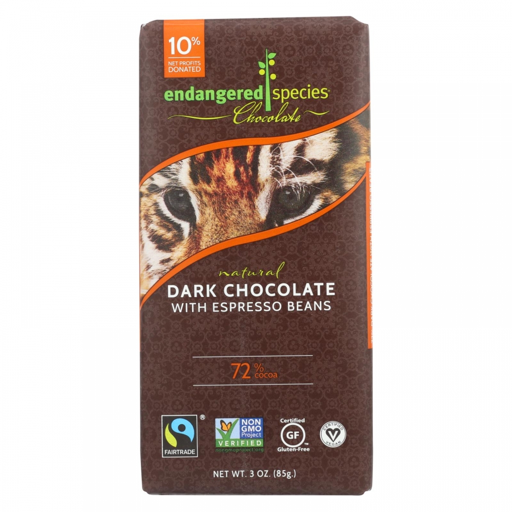 Endangered Species Natural Chocolate Bars - Dark Chocolate - 72 Percent Cocoa - Espresso Beans - 3 oz Bars - 12개 묶음상품